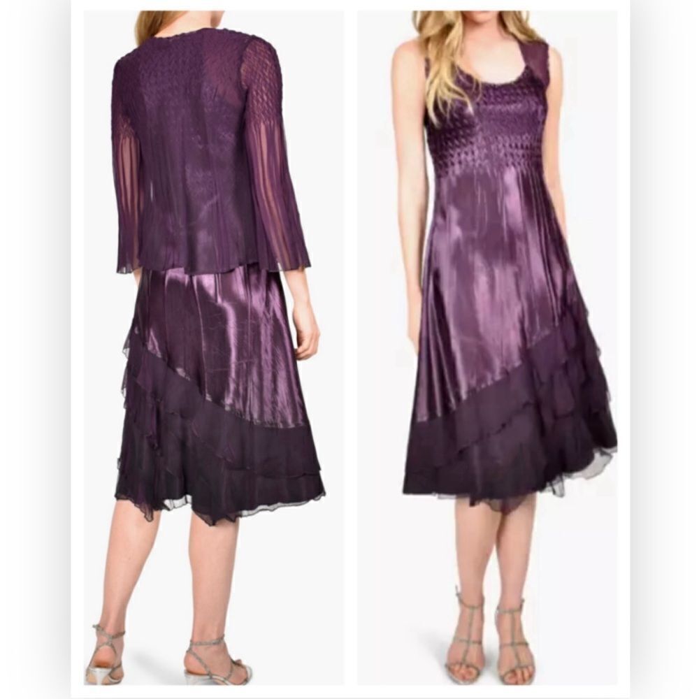 Komarov Ombré Tiered Hem Cocktail Dress With Chiffon Jacket Large NWT $450